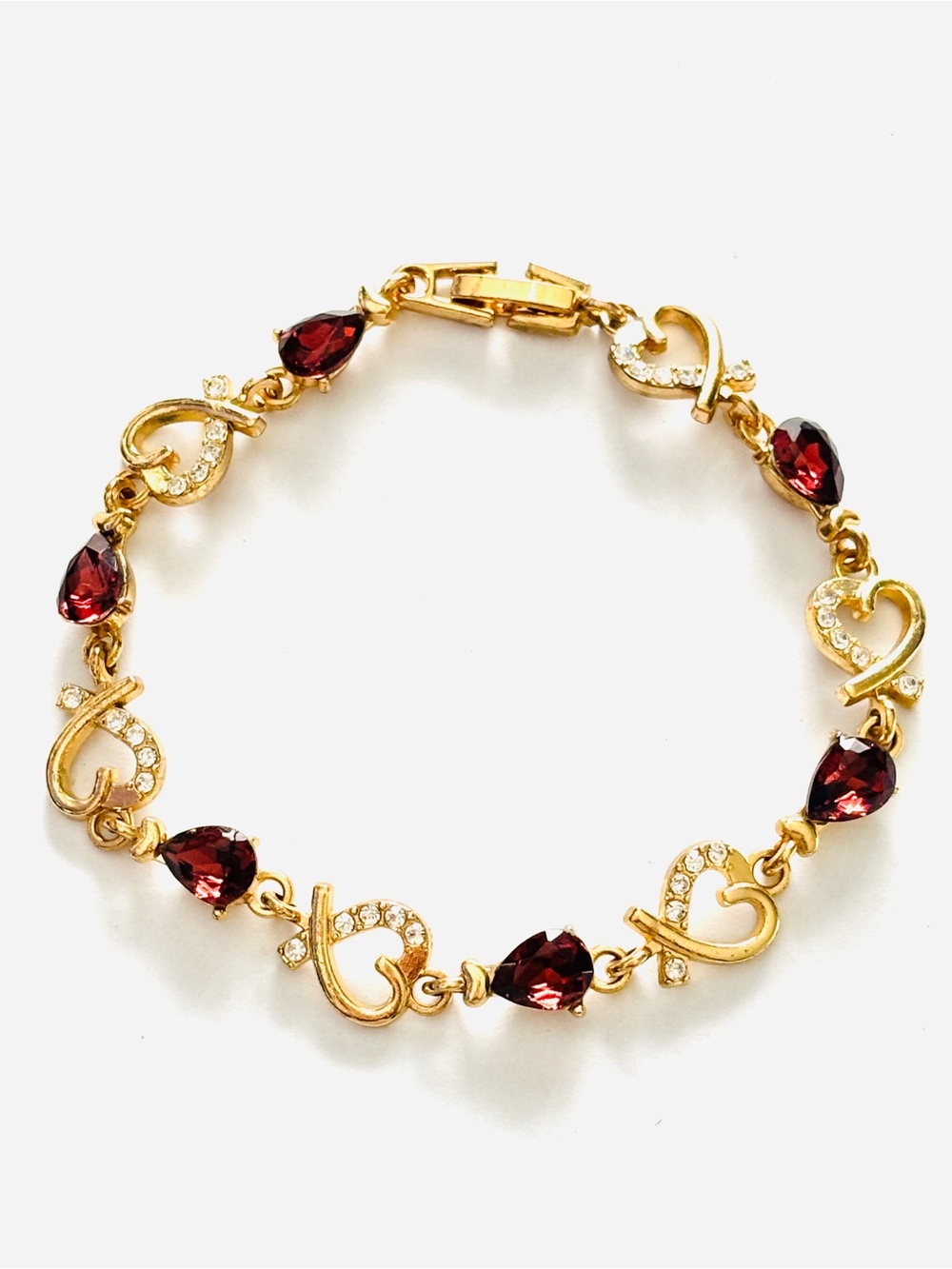 Vintage Red Rhinestone Heart Link Gold Tone Bracelet Teardrop Crystal 7.75 in